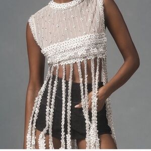 Anthropologie White Beaded Fringe Top